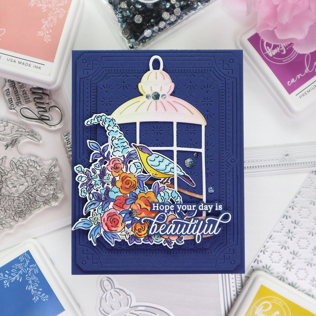 PinkFresh Studio Best Thing Stencil Set 206323 Intricate Bird and Floral Encouragement Card | color-code:ALT01