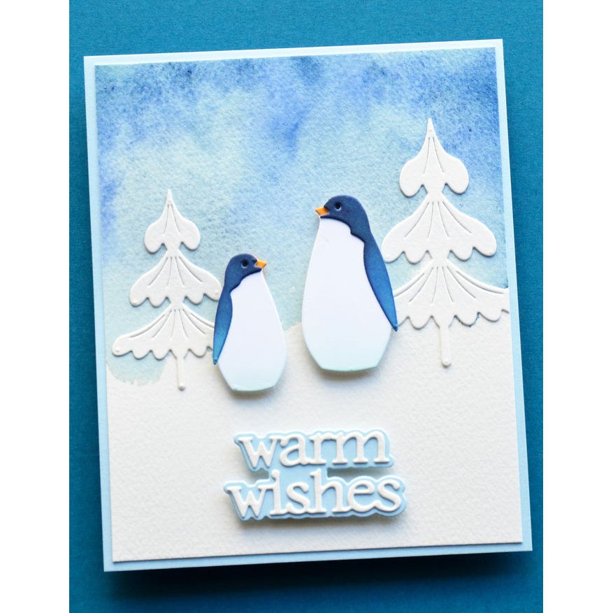 Birch Press Design Block Print Alpine Trees Dies 57683 penguins blue sky warm wishes card