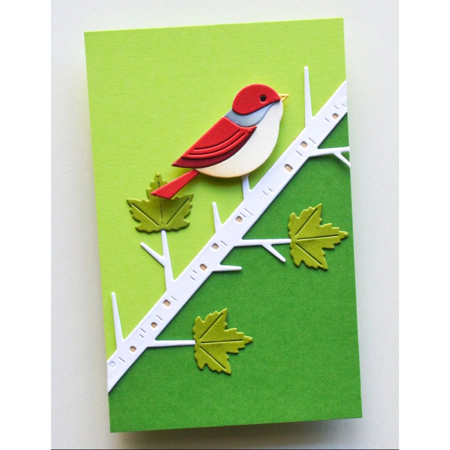 Birch Press Design Block Print Fine Finch Dies 57686 bird on branch with green leaves card