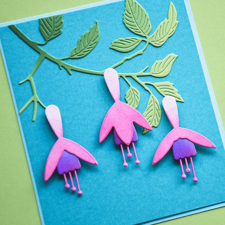 Birch Press Design Block Print Fuchsia Flowers Dies 57667 purple florals hanging leafy branch card