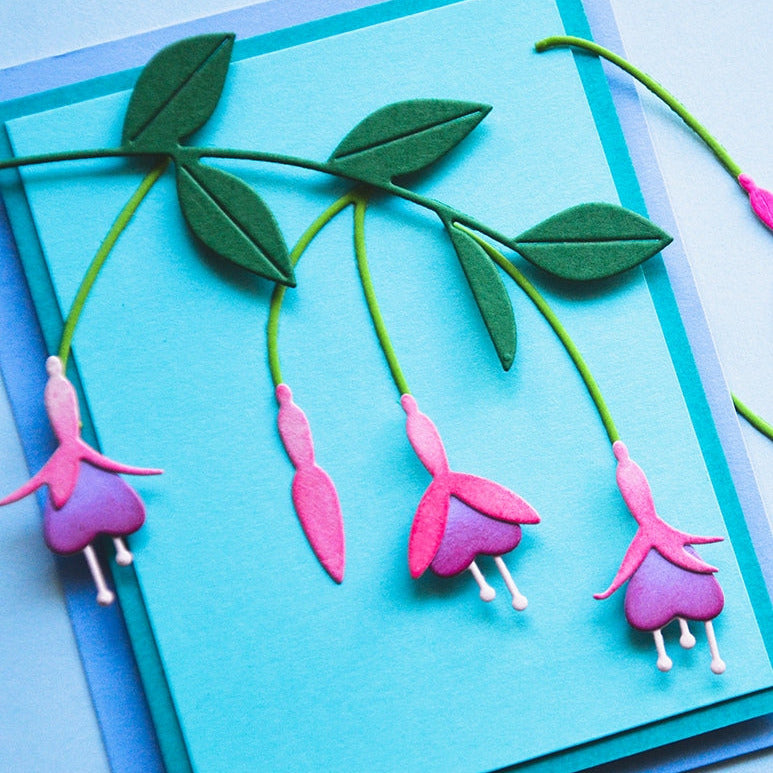 Birch Press Design Block Print Fuchsia Spray Dies 57661 blue card with hanging purple flowers