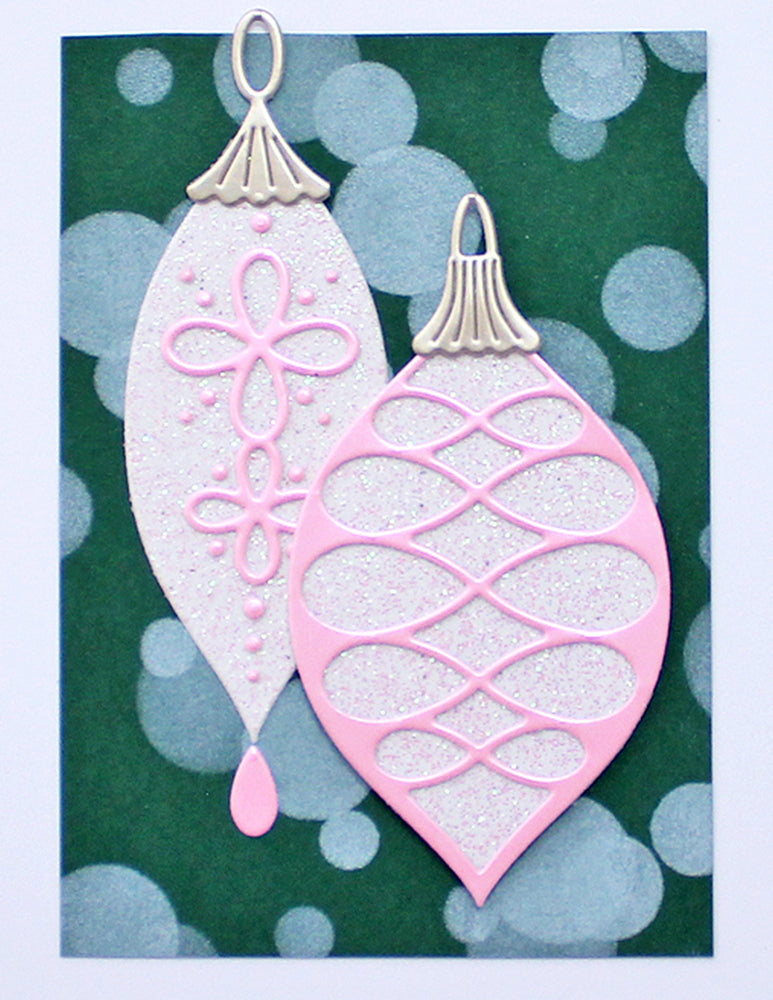 Birch Press Design Block Print Loop Ornament Dies 57689 pink ornaments on blue background