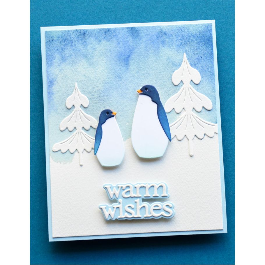 Birch Press Design Block Print Puffy Penguins Dies 57692 white trees snow warm wishes card