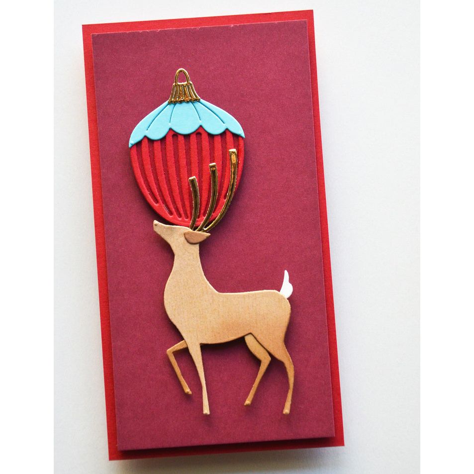 Birch Press Design Block Print Ribbed Ornament Dies 57693 reindeer gold antlers red trim card