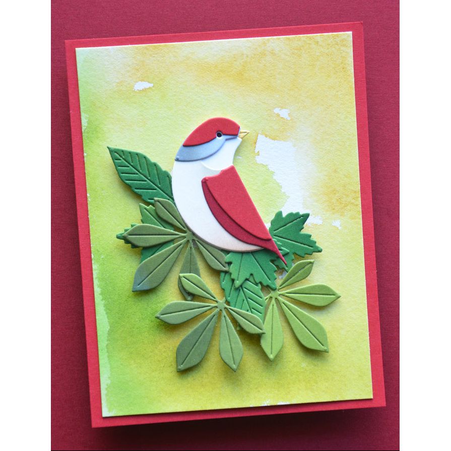 Birch Press Design Block Print Sunlit Bird Dies 57697 green leaves water color background red trim frame card