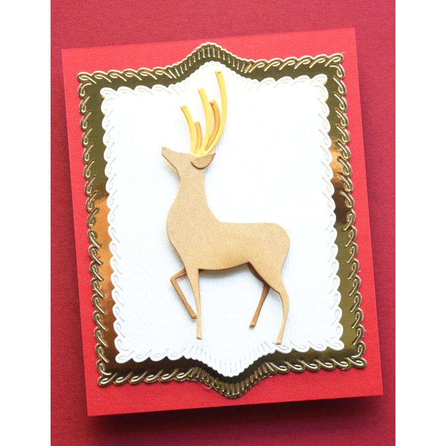 Birch Press Design Dancing Deer Dies 57699 gold trim frame yellow antlers card