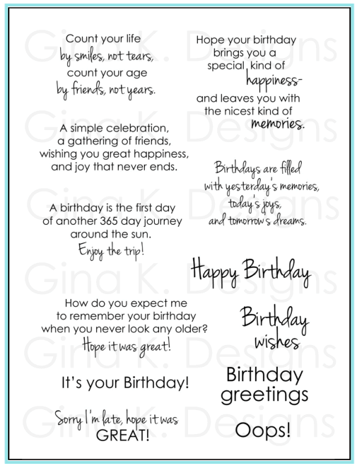 Gina K Designs BIRTHDAY GREETINGS Clear Stamps 1127