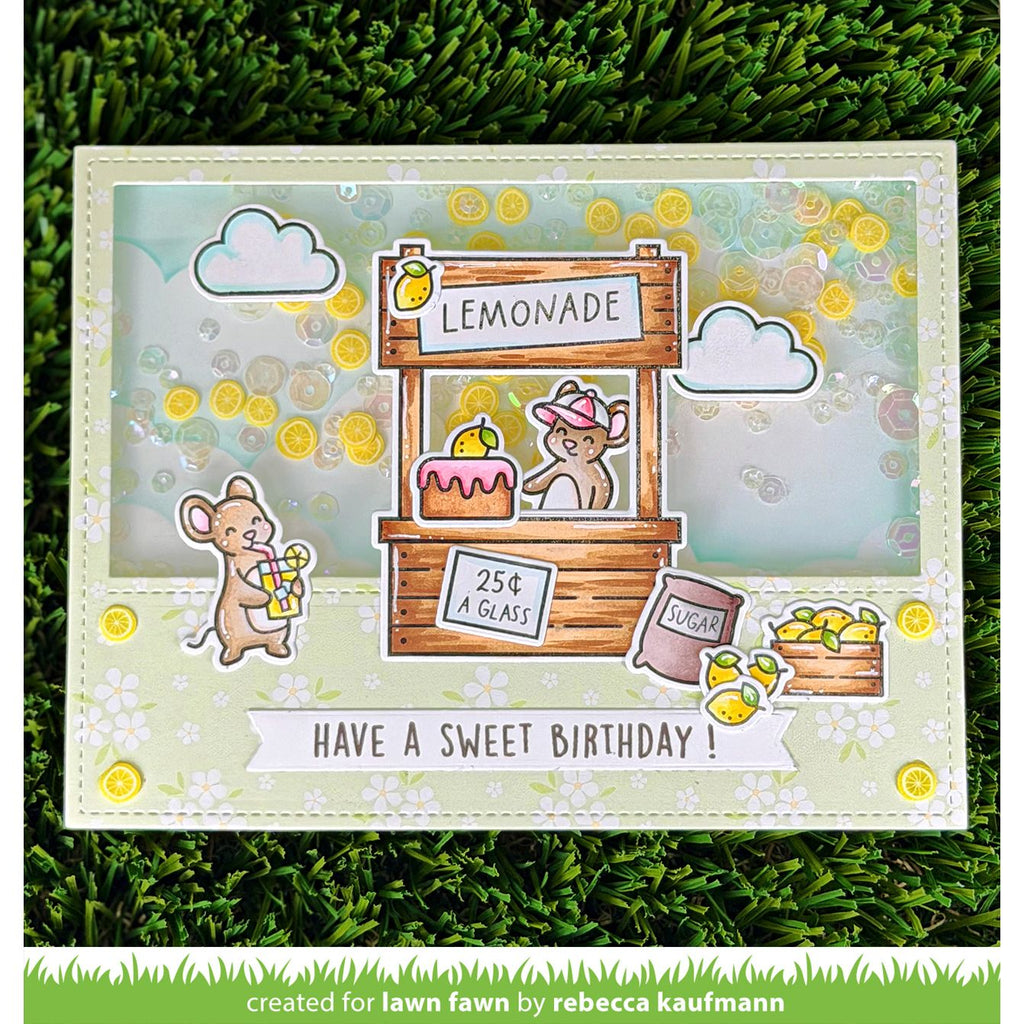 Birthday Lemonade stand card with cartoon mice and lemon decorations on a grass background
