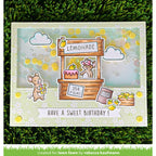 Birthday Lemonade stand card with cartoon mice and lemon decorations on a grass background