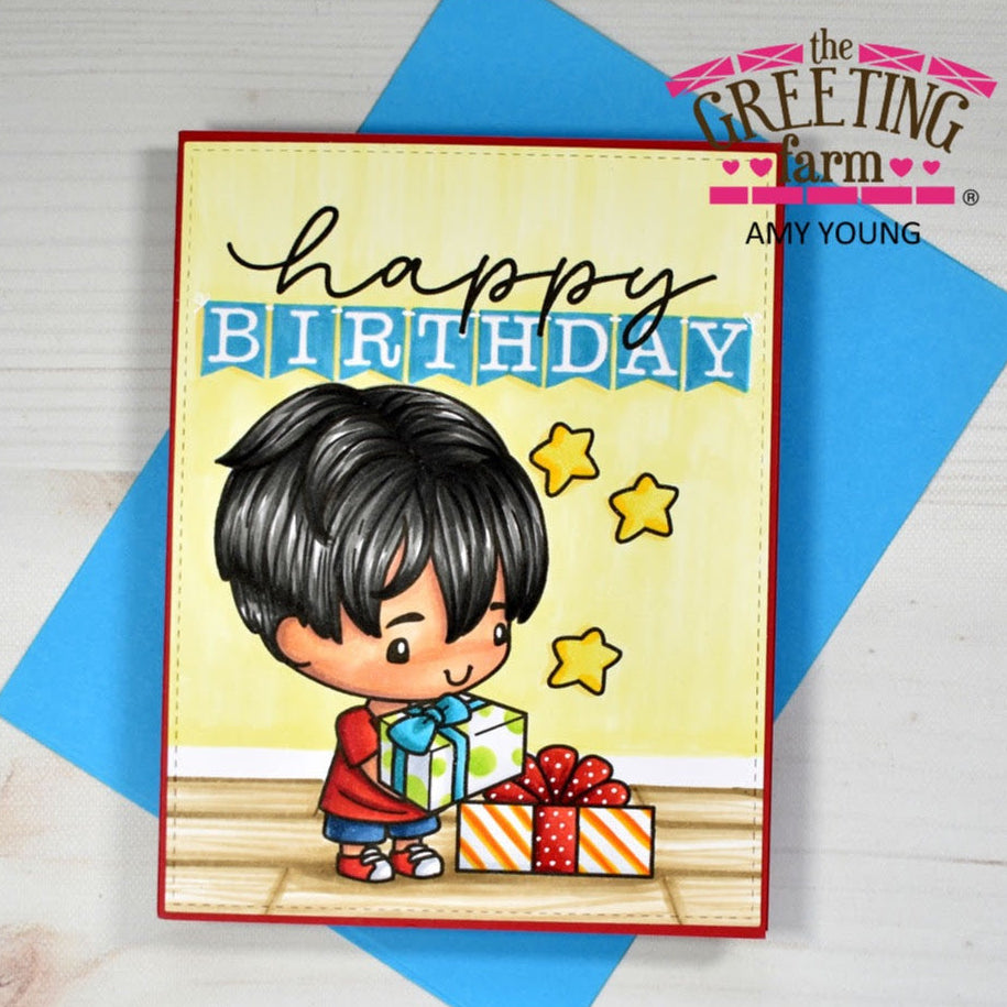 Birthday card with a boy holding a gift, featuring 'Happy Birthday' text, on a blue and white background.