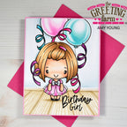 Birthday card with a girl and balloons, featuring 'The Greeting Farm' branding.