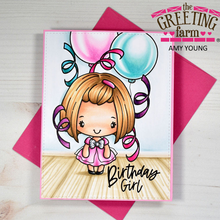 Birthday card with a girl and balloons, featuring 'The Greeting Farm' branding.