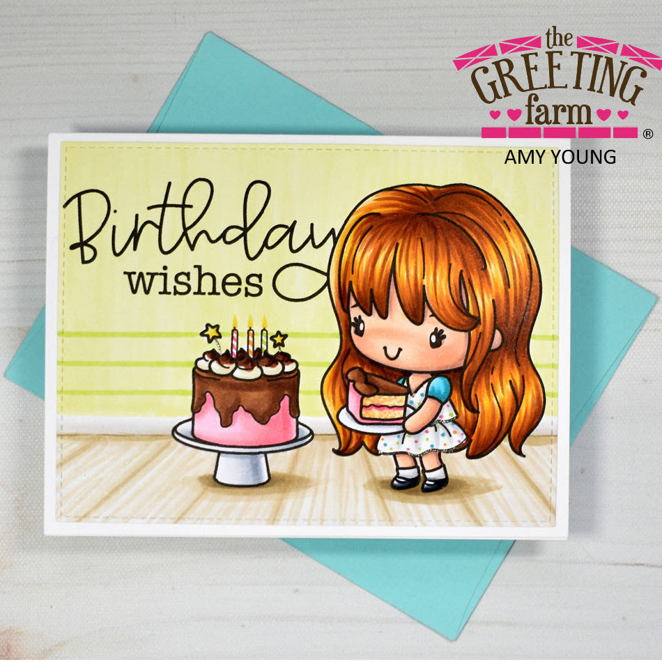 Birthday card with a girl holding a piece of cake and a cake with candles, on a light blue envelope, from 'The Greeting Farm' by Amy Young.