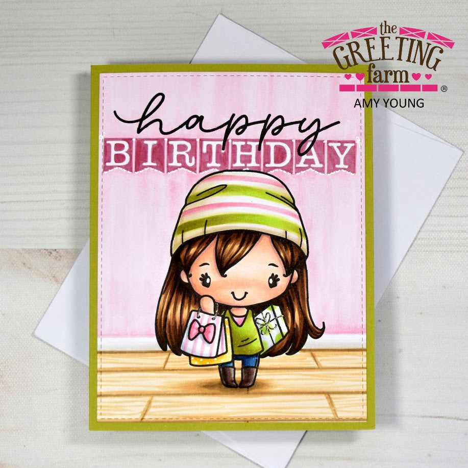 Birthday card with a girl in a green hat and outfit, 'Happy Birthday' text, and 'The Greeting Farm' branding.