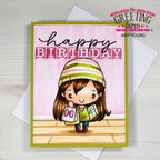 Birthday card with a girl in a green hat and outfit, 'Happy Birthday' text, and 'The Greeting Farm' branding.