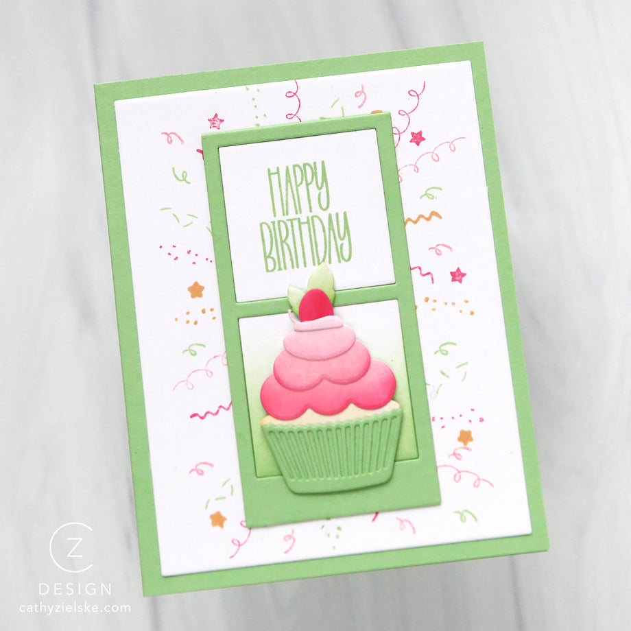 Birthday card with a pink cupcake and 'Happy Birthday' text on a white background