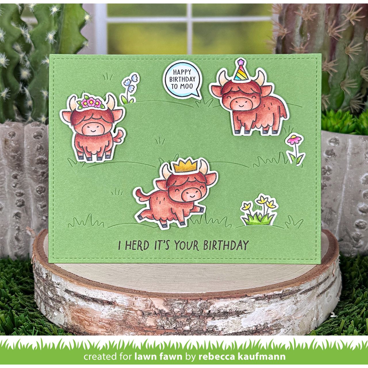 Birthday card with highland cows on a green background, featuring text 'Happy Birthday to moo' and 'I herd it's your birthday'.