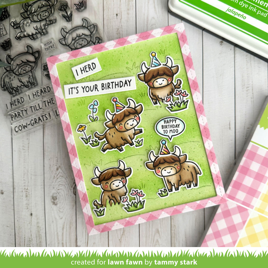 Birthday card with highland cows on grassy pasture