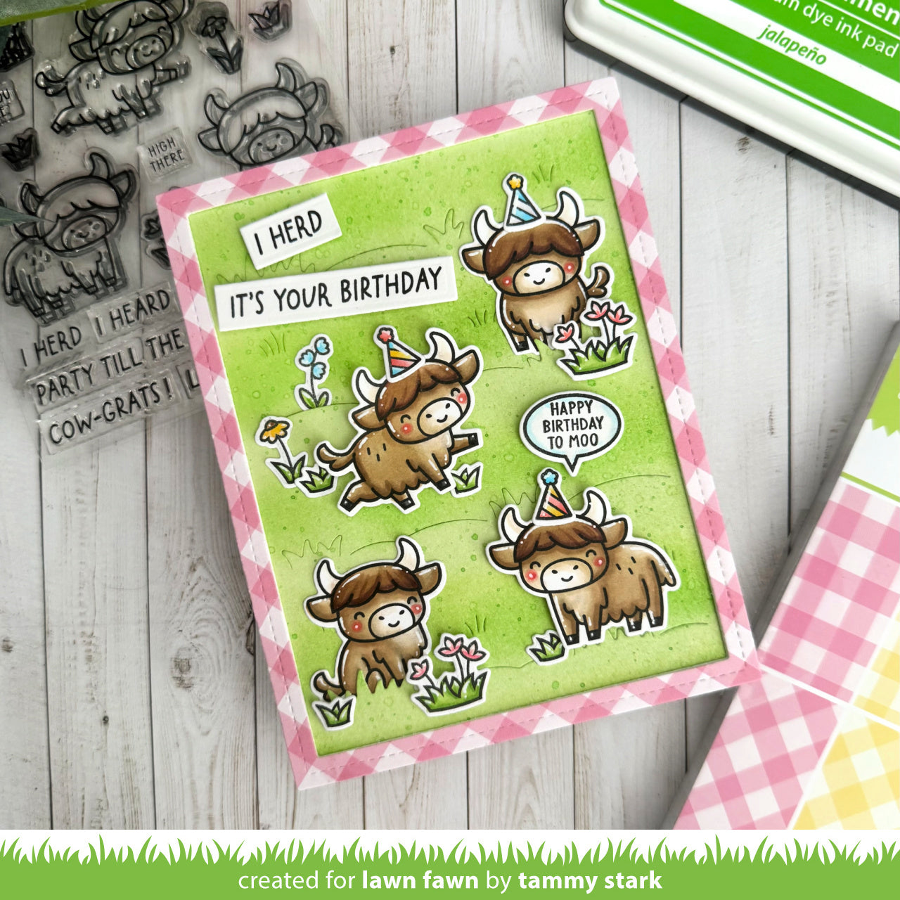 Birthday card with highland cows on grassy pasture