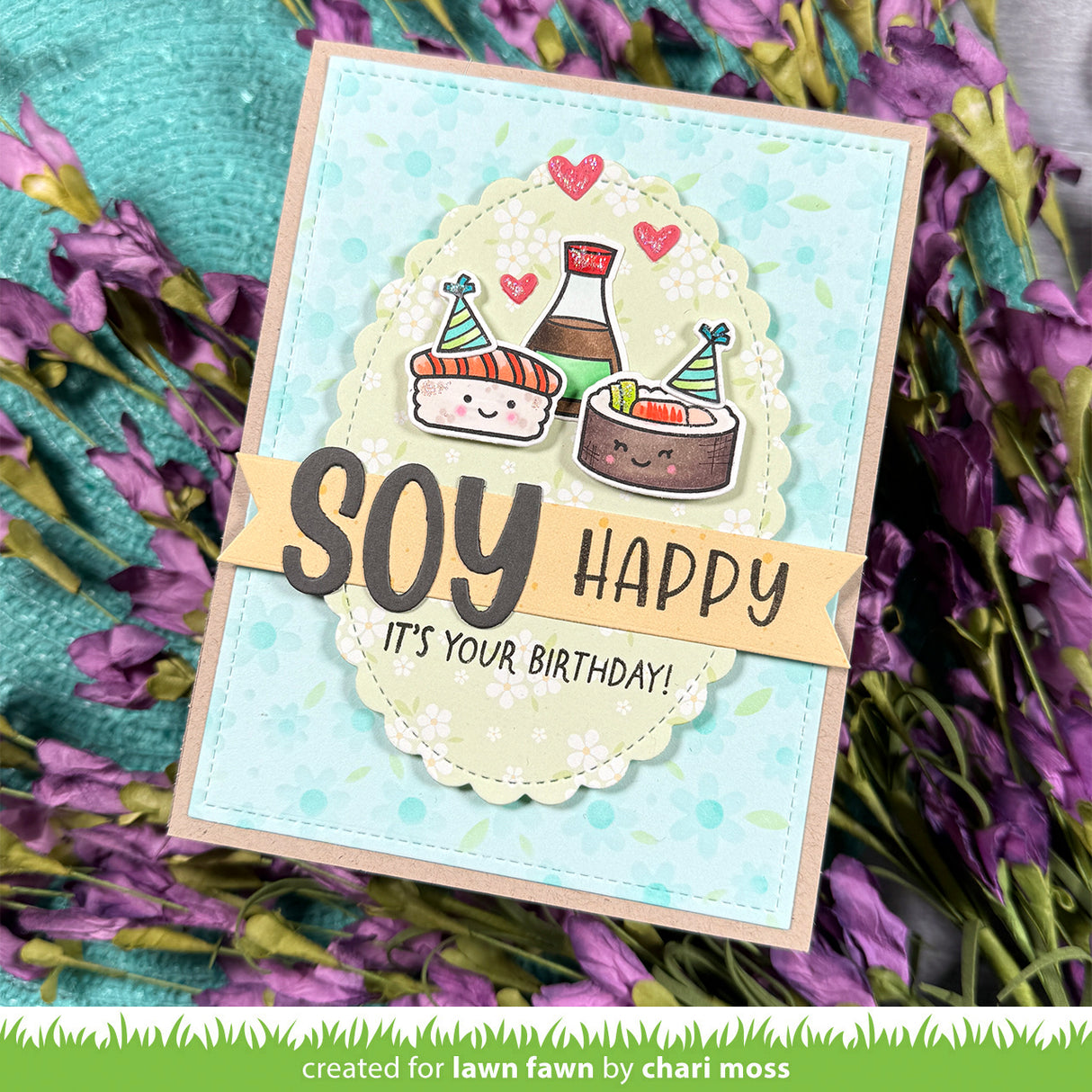 Birthday card with sushi and sentiment 'Soy Happy It's Your Birthday!'