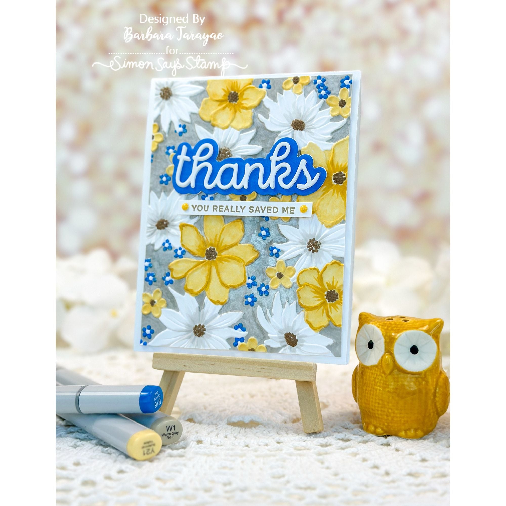 Simon Says Stamp Embossing Folder Blossom Bursts sf470 Happy Camper Thanks Card