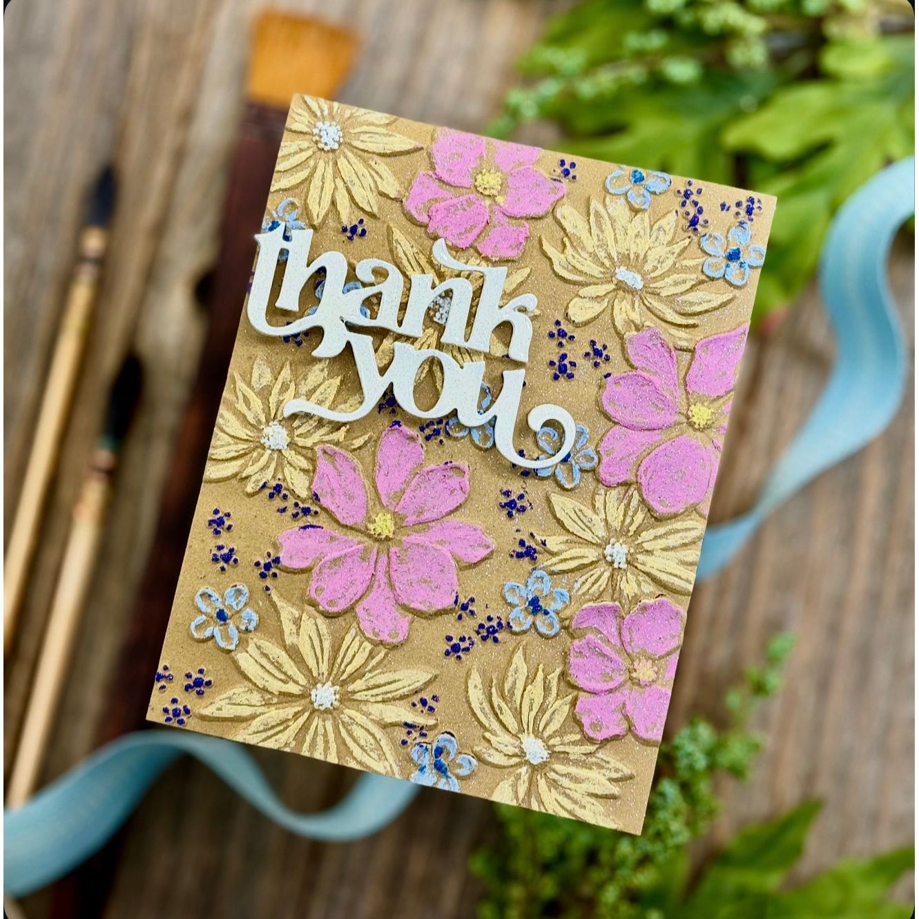 Simon Says Stamp Embossing Folder Blossom Bursts sf470 Happy Camper Thank You Card