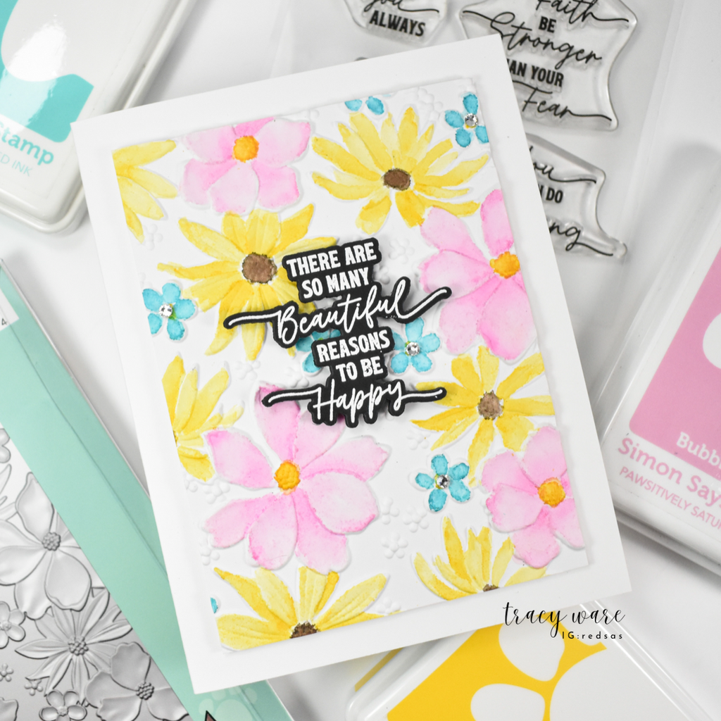 Simon Says Stamp Embossing Folder Blossom Bursts sf470 Happy Camper Encouragement Card | color-code:ALT09