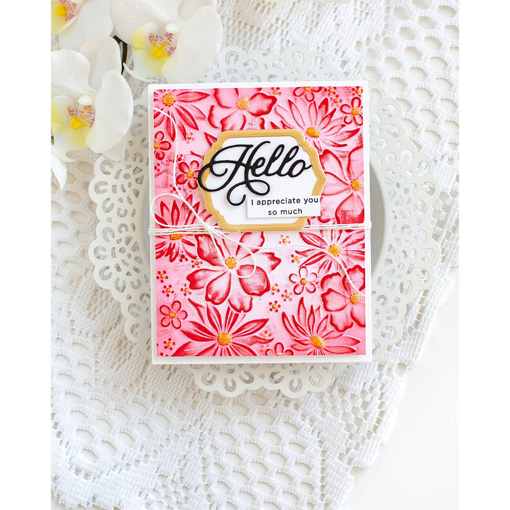 Simon Says Stamp Embossing Folder Blossom Bursts sf470 Happy Camper Hello Card | color-code:ALT01