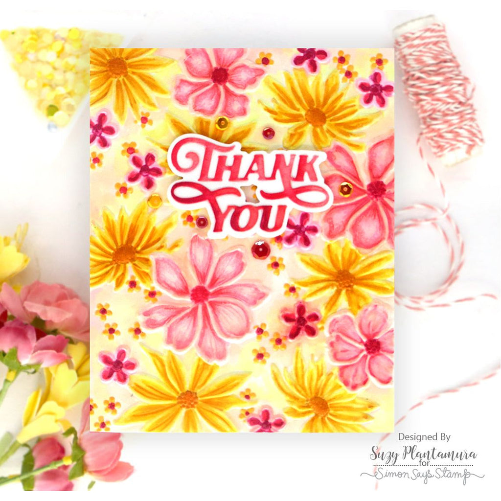 Simon Says Stamp Embossing Folder Blossom Bursts sf470 Happy Camper Thank You Card