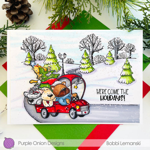 Purple Onion Designs Tofu And Friends Christmas Truck Cling Stamp pod5007 Christmas Travel Scene Card