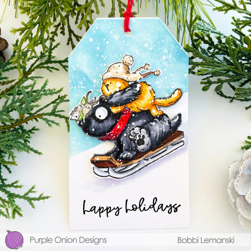 Purple Onion Designs Tofu, Flappy And Mousy Fun In The Snow Cling Stamp pod5008 Happy Holidays Sledding Tag Project