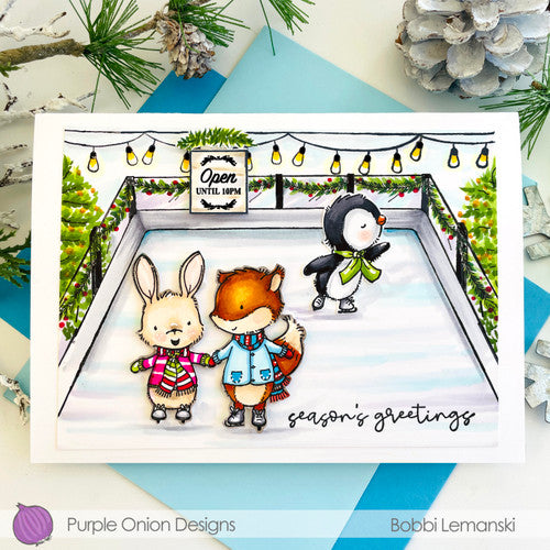 Purple Onion Designs Classic Holiday Trio Sentiment Set Cling Stamp pod9021 Christmas Skating Rink Card