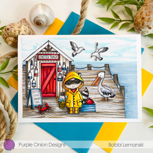 Purple Onion Designs Wharf Background Cling Stamp pod1317 Pelican And Seagull Fisherman Card