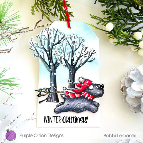 Purple Onion Designs Bare Trees And Bushes Cling Stamp pod1372 Winter Greetings Dog Card