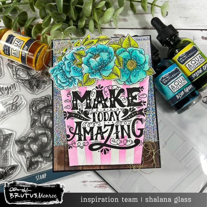 Brutus Monroe Amazing Clear Stamp bru5983 blue flowers pink and white stripes card shalana glass