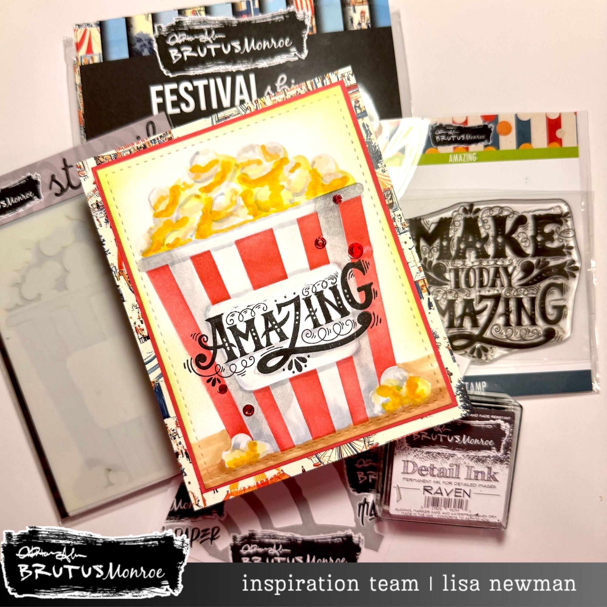 Brutus Monroe Amazing Clear Stamp bru5983 bucket of popcorn carnival background amazing card lisa newman