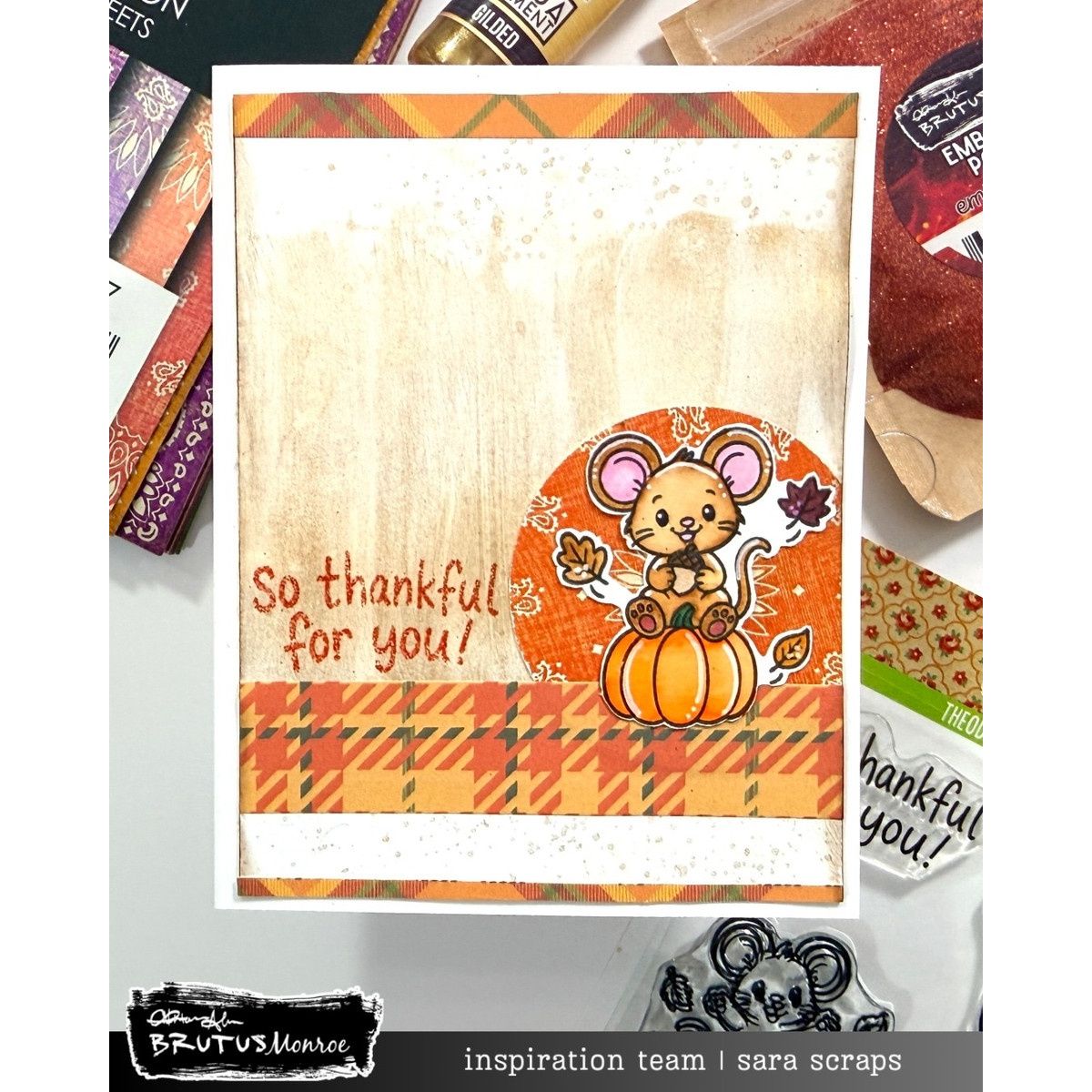 Brutus Monroe Autumn Plaid Washi Sheets bru3920 mouse sitting on pumpkin fall leaves so thankful for you card sara scraps