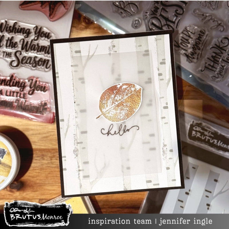 Brutus Monroe Birchwood Layering 6x6 Stencils bru7387-2 brown textured leaf hello card jennifer ingle