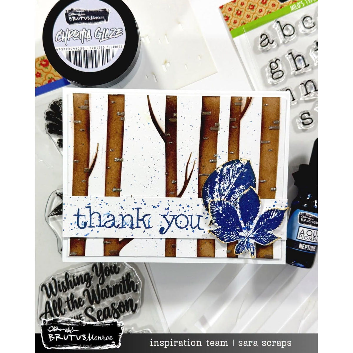 Brutus Monroe Birchwood Layering 6x6 Stencils bru7387-2 fall leaves bark trees thank you card sara scraps