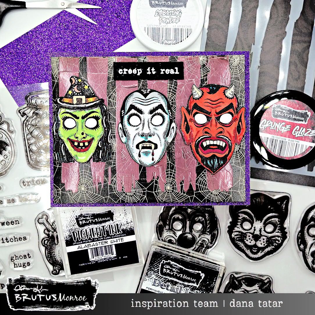 Brutus Monroe Blood Type Grunge Glaze bru8036-3 spiderweb background witch mask devil mask creep it real card dana tatar
