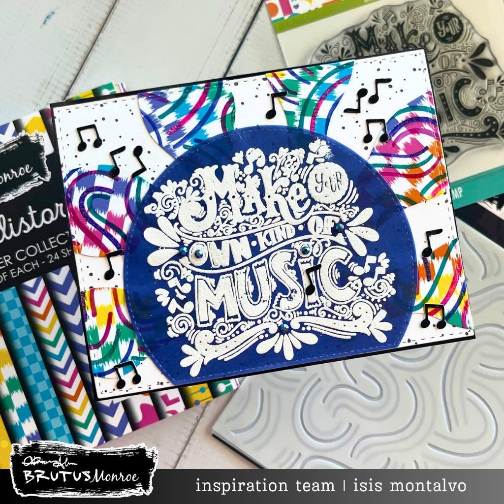 Brutus Monroe Brush Strokes 6x6 Layering Stencils bru4546-3 music notes blue background colorful squares make your own kind of music card
