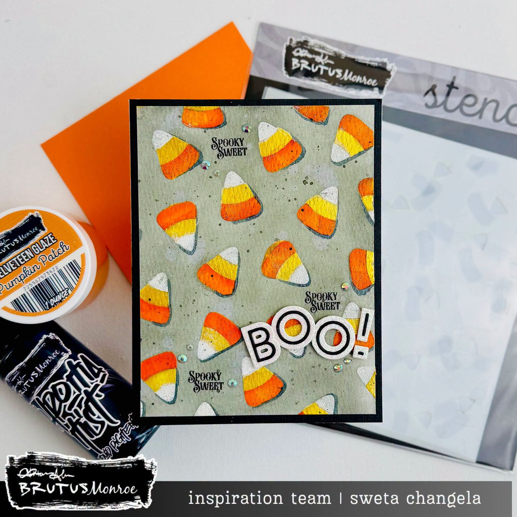 Brutus Monroe Candy Corn 6x6 Layering Stencils bru5141-2 black trim spooky sweet boo halloween card sweta changela