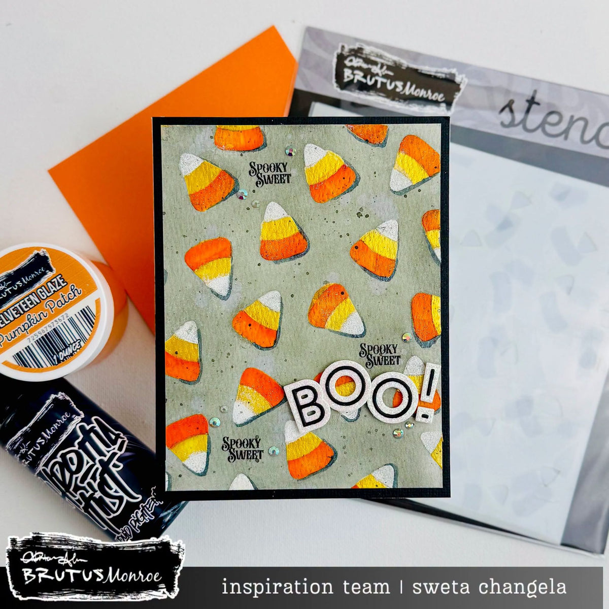 Brutus Monroe Candy Corn 6x6 Layering Stencils bru5141-2 black trim spooky sweet boo halloween card sweta changela