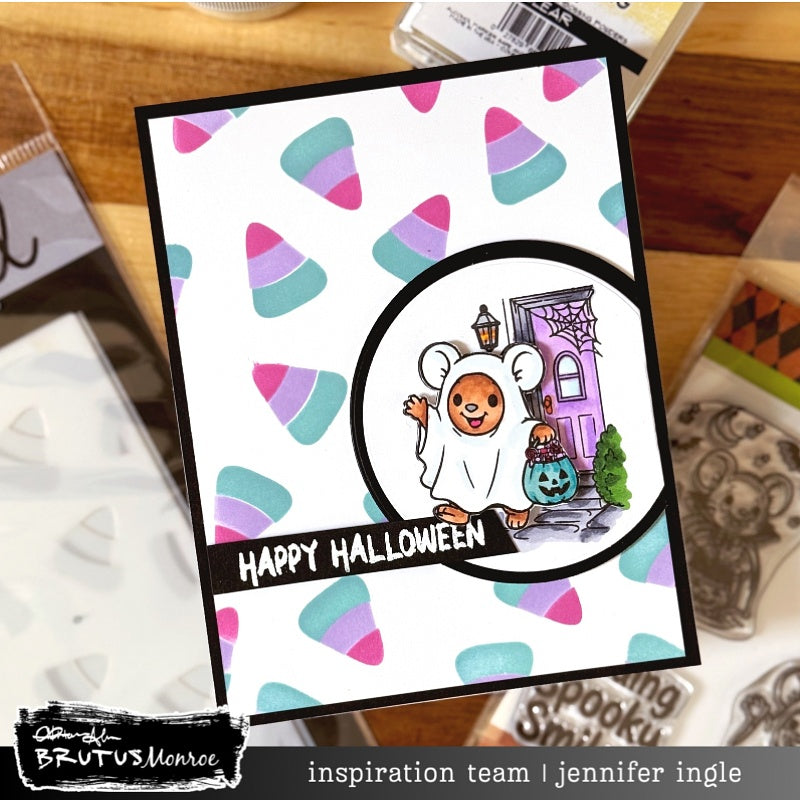Brutus Monroe Candy Corn 6x6 Layering Stencils bru5141-2 colored candy mouse as ghost happy halloween card jennifer ingle