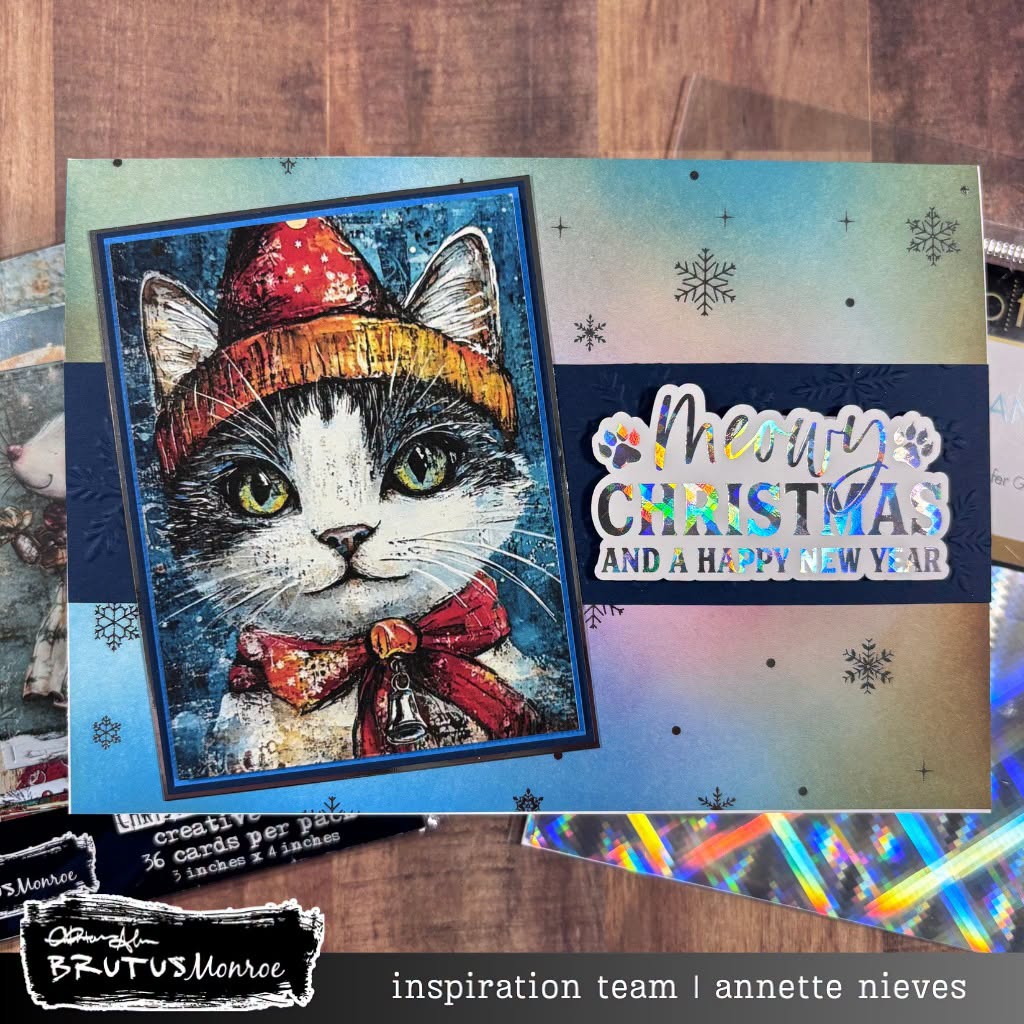 Brutus Monroe Christmas Companions Creative Cards bru8679 black and white cat red bow collar merry christmas card annette nieves