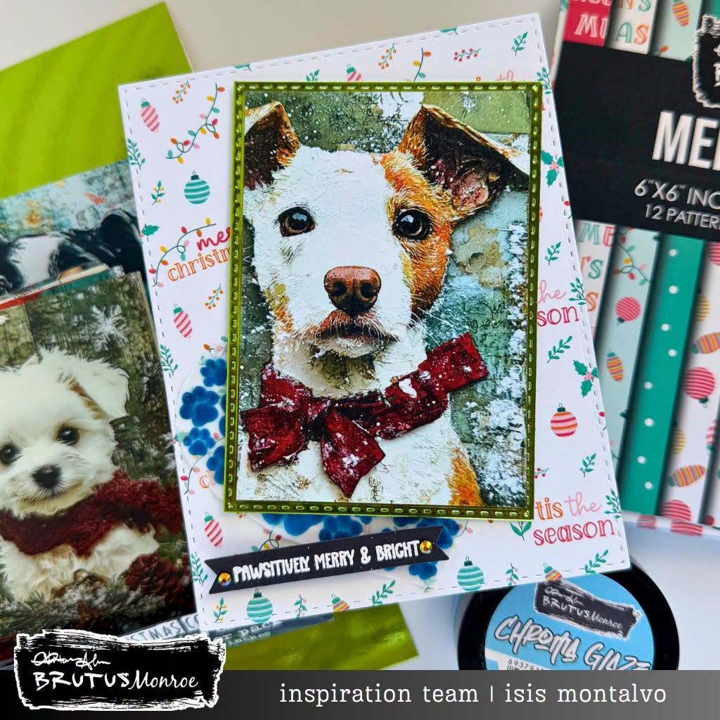 Brutus Monroe Christmas Companions Creative Cards bru8679 white and brown dog red bow green border merry and bright card isis montalvo