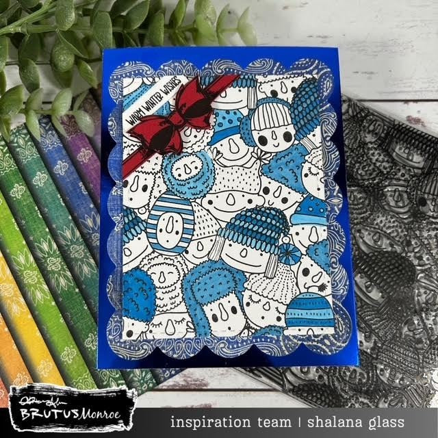 Brutus Monroe Chroma Luxe Foilstock Holiday Sheets bru2170 faces wearing blue snow hats blue trim frame warm winter wishes card shalana glass