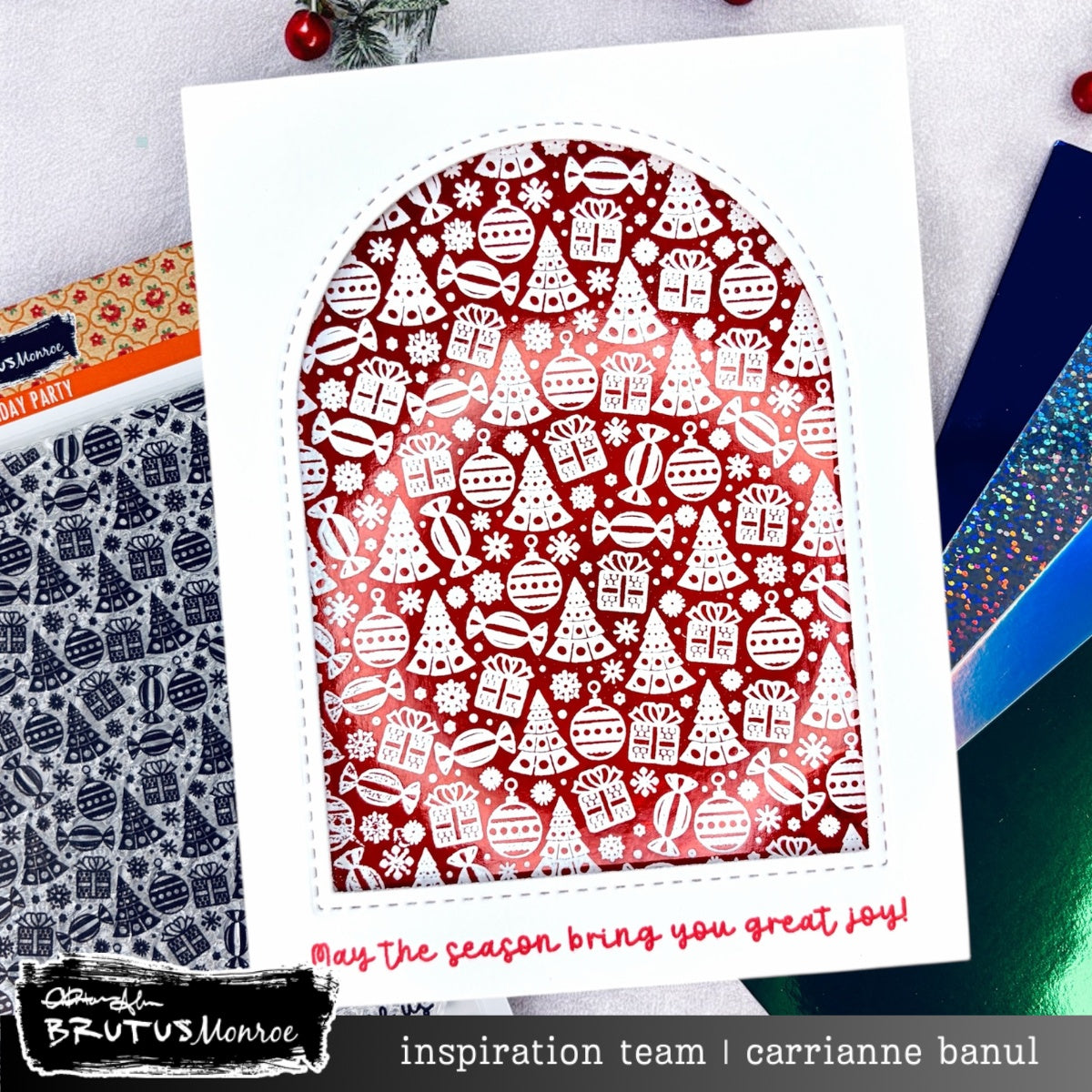 Brutus Monroe Chroma Luxe Foilstock Holiday Sheets bru2170 presents christmas tree candies arch christmas card carrianne banul