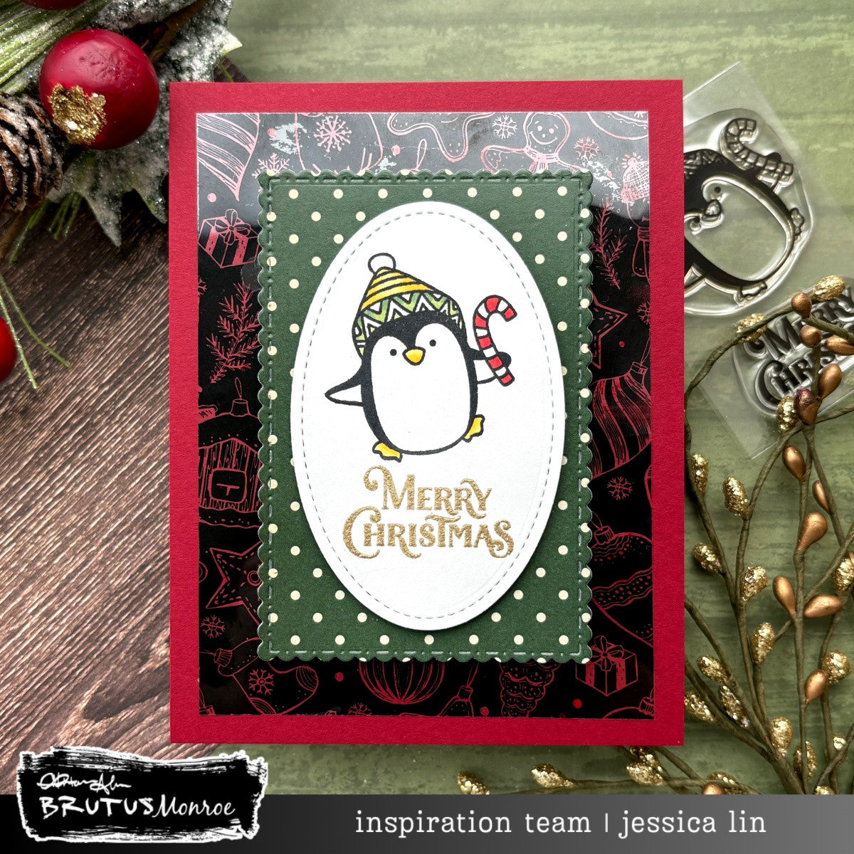 Brutus Monroe Deck the Halls Acetate Sheets bru6137 penguin wearing hat red candy cane red trim border merry christmas card jessica lin