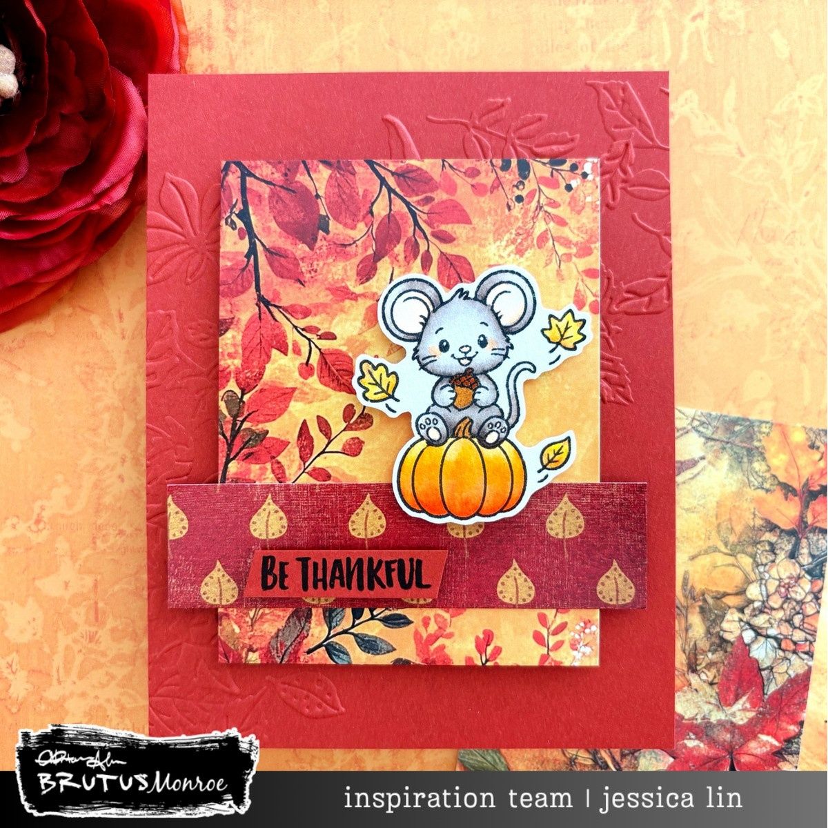 Brutus Monroe Fall Whimsy Creative Cards bru6742 fall leaves mini card with mouse sitting on pumpkin be thankful card jessica lin